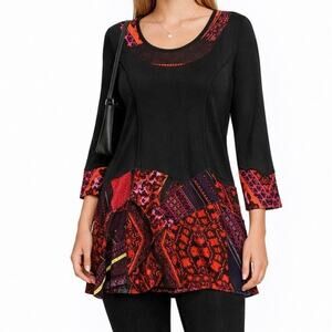 Sacred Threads Tunic Top M Black Orange Patchwork Festival Art To Wear Lagenlook